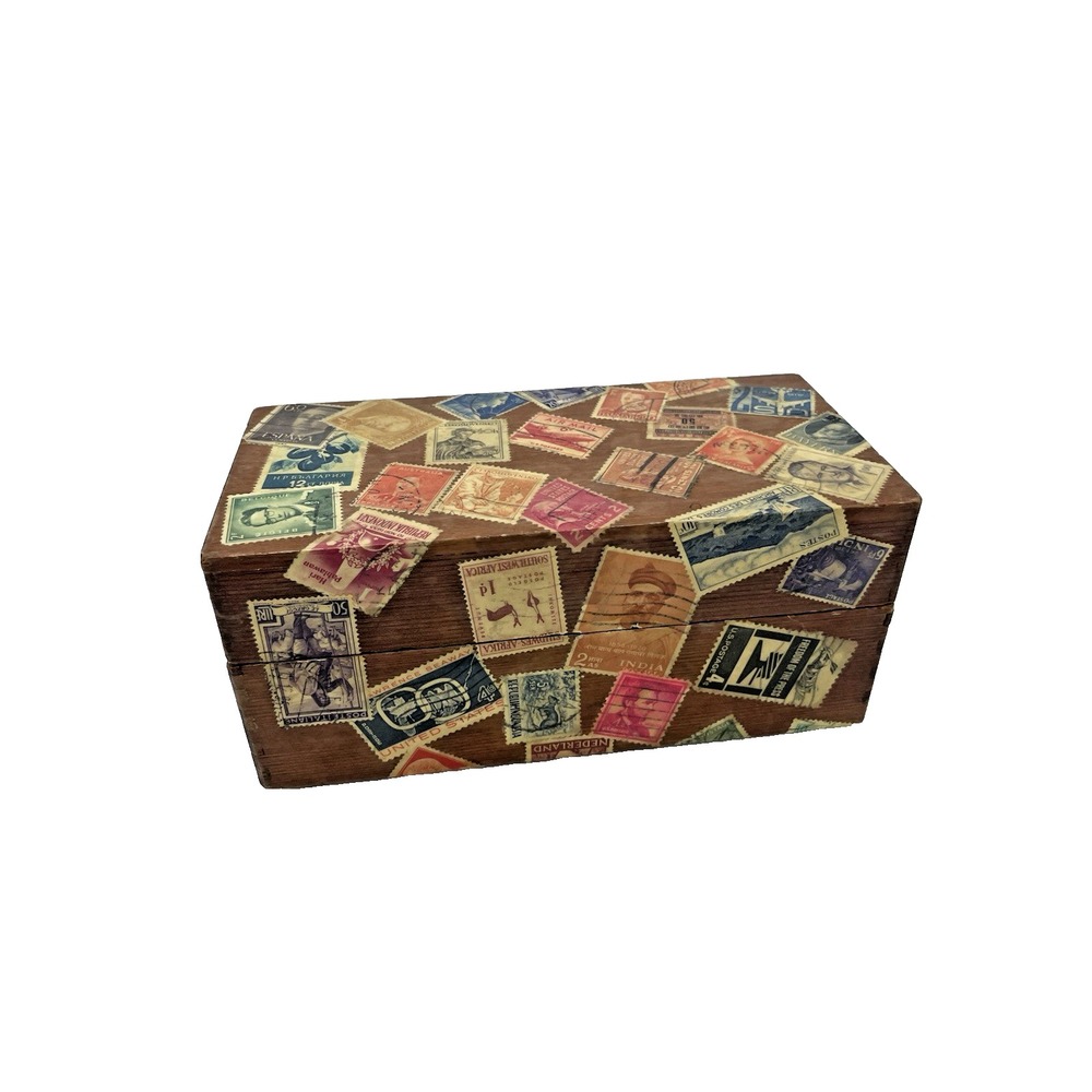 Vintage Decoupaged Wooden Trinket Jewelry Box Expired Worldwide Postage Stamps